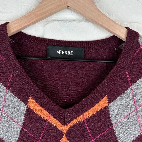 Ferre Ittierre SPA Men's Argyle knit Sweater Wool Cashmere L 52 Gianfranco Y2k - Picture 2 of 9